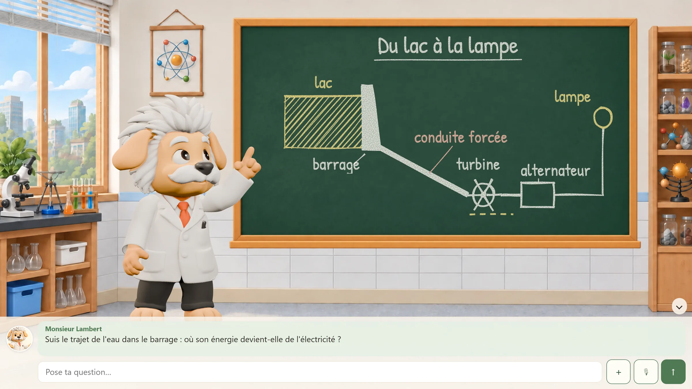 Monsieur Lambert explique au tableau le schéma d'un barrage, du lac à la lampe